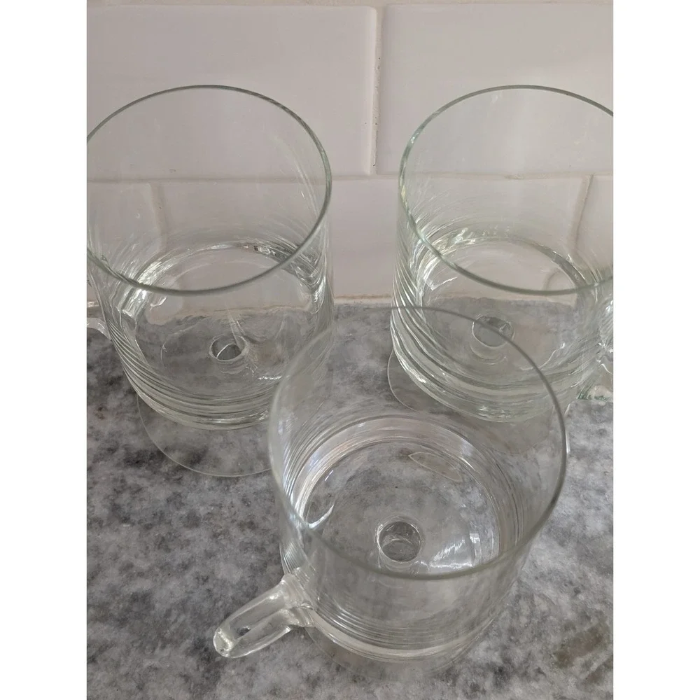 Vintage Clear Glass Footed Pedestal Coffee Mugs Cups Set of 3 Loop Handles 5